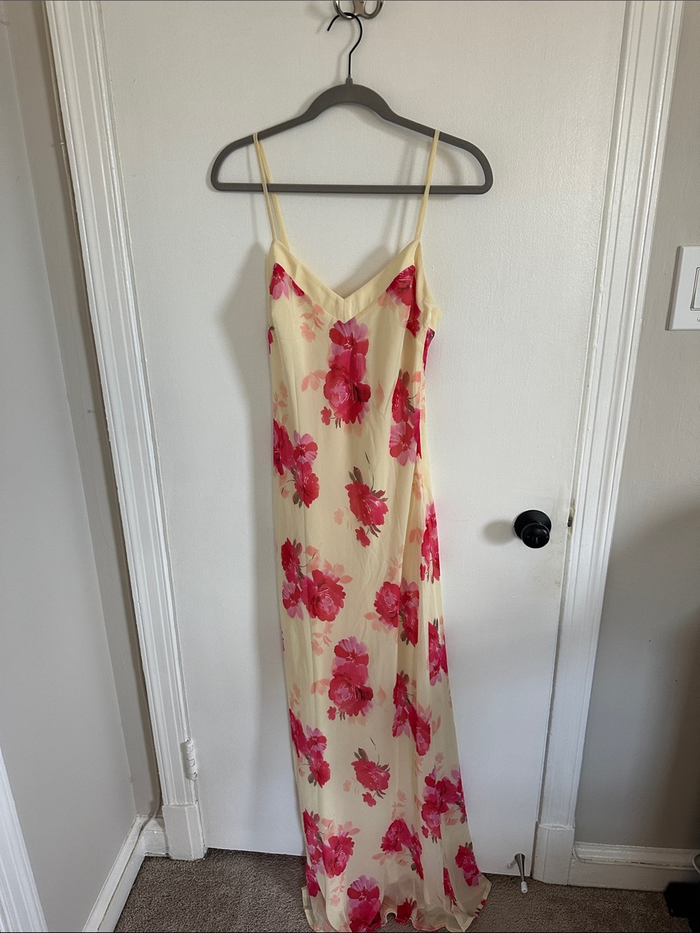 Hello Molly Yellow Maxi Slip Dress with Pink Floral Print